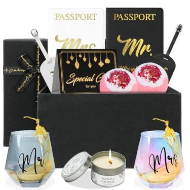 Imagem de XGCYZYD Presentes de casamento, presentes de noivado para casais, presentes de dia dos namorados, para ela, lua de mel e aniversário, copo de vinho, etiquetas de bagagem, porta-passaporte, lua de mel