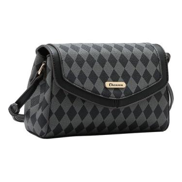 Imagem de Chenson Bolsa Transversal Feminina Geométrica, Pequena, Preta, com Ferragens Douradas, Correia de Ombro Lisa