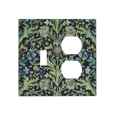 Imagem de SgEdao Capas decorativas para tomada rústica Morris Green Vine Leaf 2 Gang Wall Plate Cover Plate Single Toggle Duplex Combo Two Switch Light Switch Cover Plate Jumbo Dual GFCI para decoração de casa