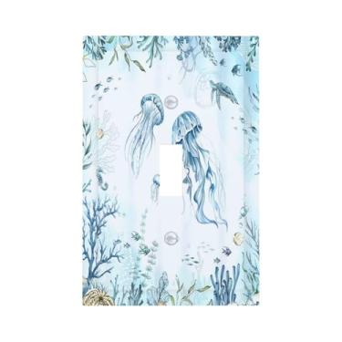 Imagem de Naiqadnehz Capa decorativa para interruptor de luz, água-viva, azul-petróleo, oceano, tartaruga, praia, litoral, 1 gangue, decoração única, placa de parede, dispositivo, placa elétrica para quarto