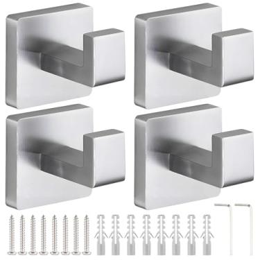 Imagem de 4 ganchos de parede com parafusos, conjunto de ganchos de parede de metal para cozinha, ganchos de banheiro de aço inoxidável, cabides de toalha quadrados montados na parede