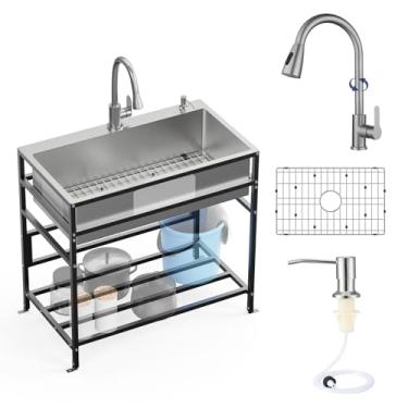 Imagem de Pia utilitária de aço inoxidável de 83 x 48 cm Praticidade com acessórios Torneira funcional inoxidável, dispensador de sabão, grade de pia SS para lavanderia, garagem, cozinha ao ar livre, jardim...