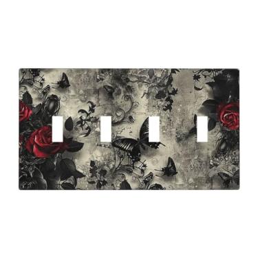 Imagem de JDAKHD Placa decorativa para interruptor de luz, gótica, vintage, flora escura, romântica, 4 gangues, placa de parede, grande, misteriosa, retrô, borboleta preta e rosa vermelha, design quadriciclo