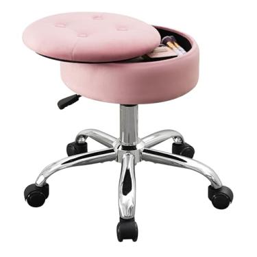 Imagem de Xenothos Cadeira giratória otomana com armazenamento para sala de maquiagem para cadeira de penteadeira com rodas, altura ajustável, veludo, rosa claro