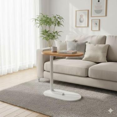 Imagem de Mesa Lateral Decorativa Multifuncional, Base Metálica, Tampo Oval em Madeira para Sala de Estar e Quarto (Bege)