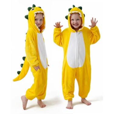 Imagem de DILUFUN Fantasia infantil de dinossauro para meninos e meninas, pijama de uma peça, macacão de animal engraçado de Halloween, fantasia cosplay para dormir, dinossauro YE 9-10 anos