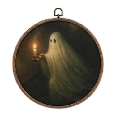 Imagem de DTLGTG Arte de parede fantasma de Halloween, tela emoldurada redonda, pintura fantasma, decoração vintage de Halloween, decoração de parede fantasma fofo para quarto ou sala de estar, 25 x 25 cm