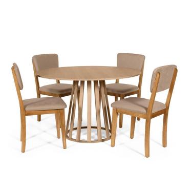 Imagem de Mesa De Jantar Redonda Gabi Jade Com 4 Cadeiras Estofadas Ella Marrom Claro