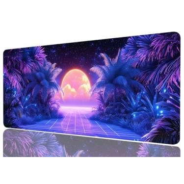 Imagem de Tapete de mesa de palmeiras vintage videogames futurista neon roxo para jogos tapete de mouse com borda costurada base antiderrapante grande mouse pad escritório computador teclado laptop casa, 31,5 x