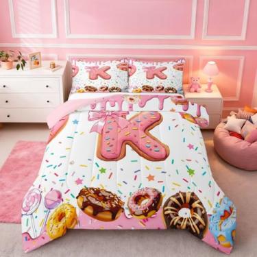 Imagem de Erosebridal Conjunto de cama infantil com laço rosa, tamanho Queen, conjunto de edredom feminino, com letra K, ultramacia, nó de borboleta, princesa, letra K, decoração de quarto