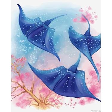 Imagem de VNUIEHG Pintura por número, estampa de arraias de animais marinhos, tinta acrílica, pintura por número, pintura por números, presente 40 x 50 cm
