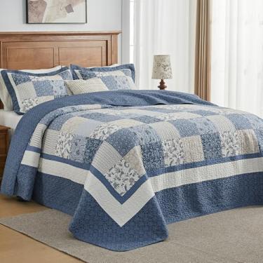 Imagem de DDUOXIN Colcha King extragrande – 120 L x 120 C Extra Larga – 100% Algodão Patchwork Grande Colcha com 2 Fronhas, Conjunto de Colchas Florais Leves para Casa de Fazenda, Azul-Patchwork
