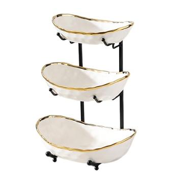 Imagem de jessie Tigela de frutas de 3 camadas para balcão de cozinha, tigela de cerâmica com suporte de metal, cesta de frutas de 3 camadas para pão de legumes, doces, salgadinhos, nozes, bandeja de bolo de