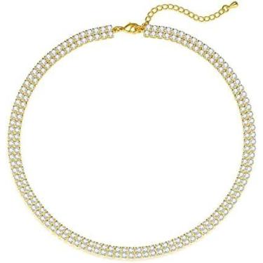 Imagem de LINEAR LUX Colar de tênis feminino banhado a ouro 14 K, gargantilha de strass, zircônia delicada, corrente de diamante sintético, ajustável, hipoalergênica, zircônia cúbica, joia elegante, 14 inches +