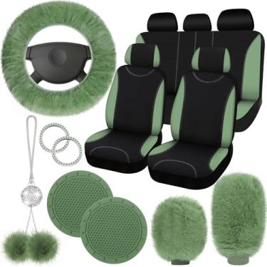 Imagem de Fulmoon Conjunto completo de 17 peças de capa de assento de carro para mulheres, acessórios de carro fofos e felpudos, Natal, volante, dianteiro, traseiro, flanela, travão de mão, capas de câmbio para