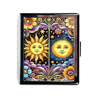 Imagem de Caixa organizadora de comprimidos de metal com espelho – Estojo de comprimidos cromado com 8 compartimentos, recipiente de viagem tamanho de bolso para vitaminas, idosos, uso diário (sol e lua)