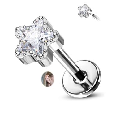 Imagem de CM Crareesi Mania Brincos de hélice estrela de titânio 16G cartilagem rosca interna Tragus brinco de pino traseiro plano hipoalergênico Medusa piercing joia, Titânio, Zircônia cúbica