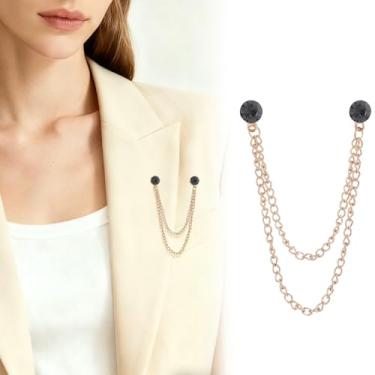 Imagem de Retrô banhado a ouro prata corrente cristal broches redondos colar pinos strass com corrente pendurada terno camisa lapela broche broche jóias moda para homens mulheres, Medium, Cristal, Cristal