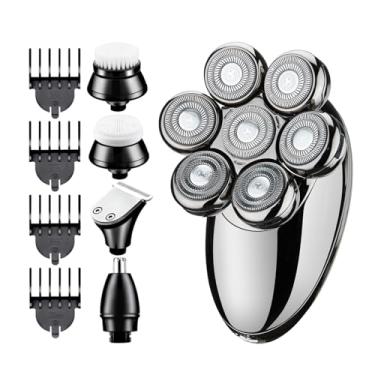 Imagem de GOAKICHGO Barbeadores de cabeça para homens carecas, barbeador elétrico 5 em 1, barbeador rotativo 7D, barbeador úmido/seco, display de LED, conjunto de cuidados de barbear recarregável, adequado para
