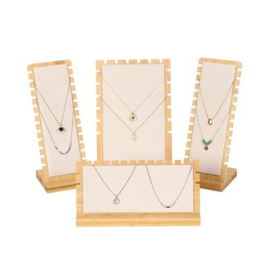 Imagem de UItrccqapd Pacote com 4 colares de joias de bambu, expositor de mesa, suporte de exibição de colar, bandeja de armazenamento de joias para exibição (bege)