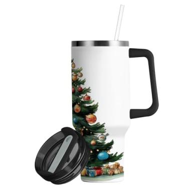 Imagem de ATTX Copo de árvore de Natal aquarela de 850 g com alça, copo de aço inoxidável a vácuo de parede dupla com palha, caneca de café de viagem isolada #693