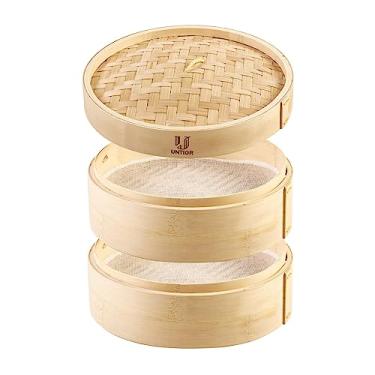 Imagem de untior Cesta De Bambu Para Cozimento A Vapor Feita À Mão 10" Com Forro Algodão Reutilizável, Multiuso, 2 Camadas Bolinhos, Cozinhar Vegetais, Dim Sum, Pães Bao, Carne Peixe (25 Cm - Camada)