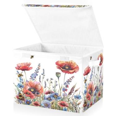 Imagem de Blueangle Caixas de armazenamento dobráveis 1 pacote, cestas de armazenamento de flores silvestres e papoulas com tampas e alça para casa, quarto, armário e escritório (145)