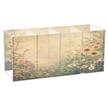 Imagem de SEHANY Porta-canetas de acrílico com flores silvestres coloridas, 4 compartimentos, porta-lápis transparente, organizador de pincéis de maquiagem, organizador de papelaria para escritório, casa