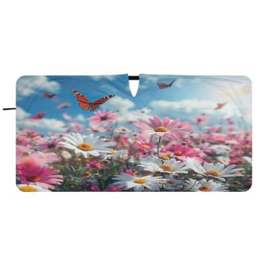 Imagem de Blueangle Guarda-sol para para-brisas margaridas e borboletas - 149,9 cm x 76,2 cm dobrável para janela dianteira do carro blocos de para-sol raios UV viseira de sol (887)