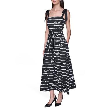 Imagem de Karl Lagerfeld Vestido midi feminino de cetim de algodão estampado com cinto e alças de gravata borboleta, Combo preto e branco macio, 44