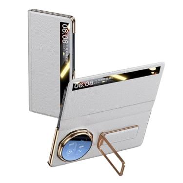 Imagem de HAOMRIYL Capa para Honor Magic V5, capa invisível com suporte para alça de mão, capa com suporte para janela lateral inteligente, couro genuíno com tudo incluído, capa à prova de choque, branca, V5