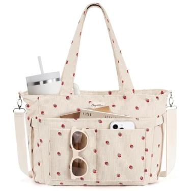 Imagem de Bolsa feminina de veludo cotelê, 17 bolsos, leve, transversal, bíblia, enfermeira, para uso diário, escola, viagem, academia, Morango bege