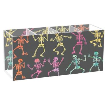 Imagem de CEBUGI Porta-lápis de acrílico com 4 compartimentos, organizador de lápis transparente, esqueletos de desenhos animados, suporte de pincel de maquiagem para escritório em casa