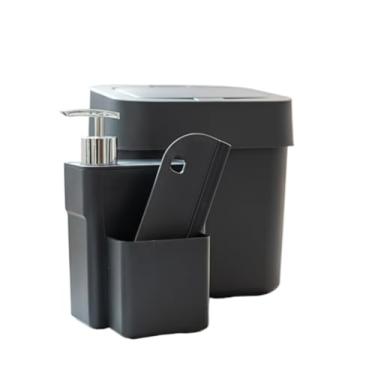 Imagem de Dispenser Detergente de Cozinha 2 em 1 com Porta Esponja e Rodo – Suporte Luxo para Pia, Sabão Líquido 750ml(DISPENSER+RODO+LIXEIRA PRETO)