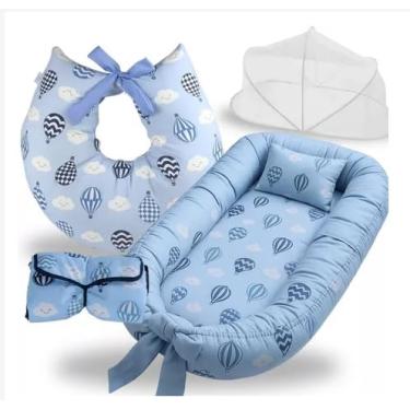 Imagem de KIt enxoval Ninho Redutor de Berço Almofada Amamentação Cobertor Toalha Banho Mosquiteiro Kit 5 Peças (4 Peças AZul Balão)