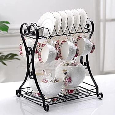 Imagem de LMJYU Conjunto de chá de porcelana estilo tribunal para adultos xícaras de café e pires com bule de chá, açucareiro e jarro de leite, xícaras de chá e café de cerâmica com suporte de metal rosa