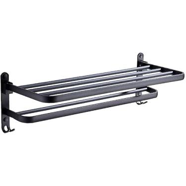 Imagem de Prateleira simples, toalheiros de banheiro dobráveis, prateleira de armazenamento de toalhas de alumínio espaço preto, suporte de toalha de cozinha montado na parede de 2 camadas/50 cm