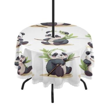 Imagem de CEBUGI Toalha de mesa redonda ao ar livre com desenho animado panda impermeável com furo Umberlla capa de mesa lavável para pátio, cozinha, sala de jantar 152 cm