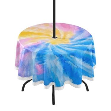 Imagem de CEBUGI Toalha de mesa redonda para uso ao ar livre, fundo colorido, impermeável, com furo Umberlla, capa de mesa lavável para pátio, cozinha, sala de jantar, 152 cm