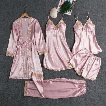 Imagem de Conjunto De Pijamas De Luxo Feminino Em Cetim 5 Peças Com Renda, Robe,