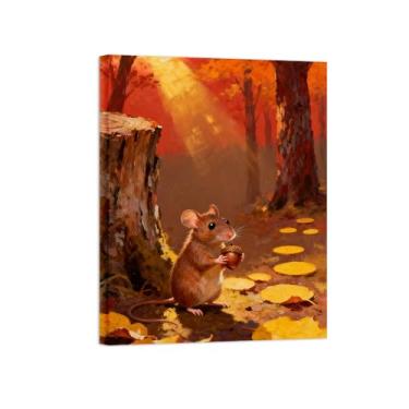 Imagem de BMZFYBS Arte de parede paisagem imagem em tela - animais da floresta de outono - impressão de pintura de decoração moderna para sala de estar pronta para pendurar tela embrulhada 60x80cm24x31in