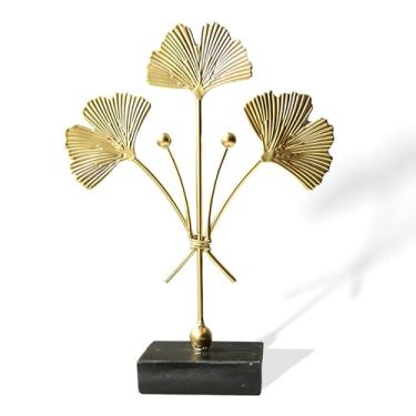 Imagem de Runziti Escultura de folha de ginkgo dourada, decoração moderna de mesa de folha de metal com base de mármore, elegante decoração de casa dourada para sala de estar, escritório, estante de livros e