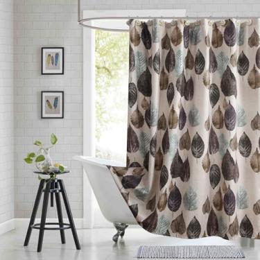 Imagem de BESTRIPES Cortina de chuveiro bege extralonga 182 x 232 cm, tecido de linho à prova d'água com estampa realista de folhas marrons e verde, 12 ilhós metálicos e bainha ponderada