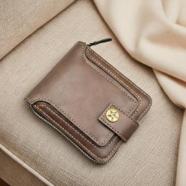 Imagem de Carteira masculina compacta, fina com bolso para moedas com zíper, carteira pequena minimalista para uso diário e presentes, Marrom claro, Retrô