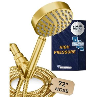Imagem de HammerHead Showers Chuveiro portátil ALL METAL LOW FLOW FLOW com mangueira e suporte de latão - ouro escovado - Cabeça de chuveiro removível de 1,75 GPM com economia de água - Suporte ajustável para