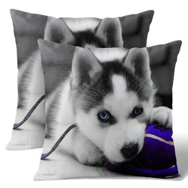 Imagem de Wknoon Conjunto de capas de travesseiro de linho 45,7 x 45,7 cm (pacote com 2) - filhote de cachorro Husky siberiano brincando com bola roxa fofo, capa de almofada de sofá premium com zíper oculto