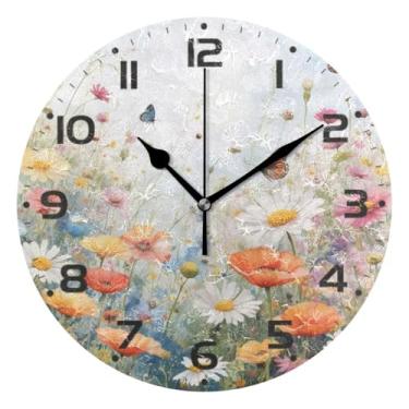 Imagem de JUZIHAI Relógio de parede com flor de primavera, silencioso, sem tique-taque, relógios de parede redondos operados por bateria, fácil de ler, relógio decorativo de parede para casa, cozinha, sala de