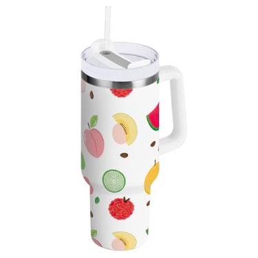 Imagem de ODAWA Copo grande colorido isolado de frutas com alça e tampa de palha, copo isolado a vácuo