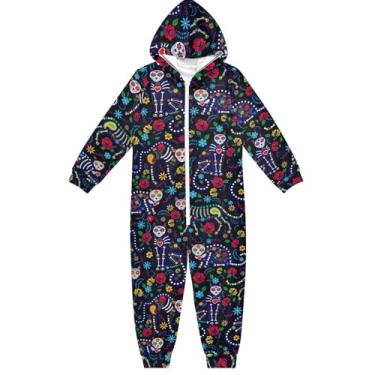 Imagem de Macacão infantil unissex de flor laranja preta, macacão com capuz engraçado, fantasia de cosplay de Halloween para crianças, meninas e meninos, Caveiras de gato pretas, 7-8 Anos