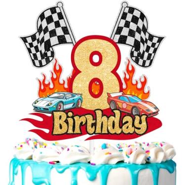 Imagem de Topo de bolo de carro de corrida infantil 8º tema de corrida feliz aniversário bandeira quadriculada decorações de estrada meninos e meninas Racer festa de aniversário carro temático roda de festa
